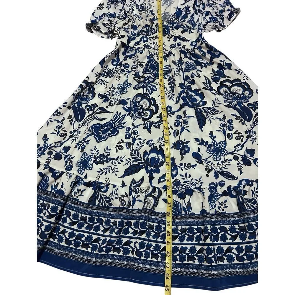 Blue & White Floral Puff Sleeve Flowy Midi Dress Smocked Waist M NWOT - Picture 11 of 13
